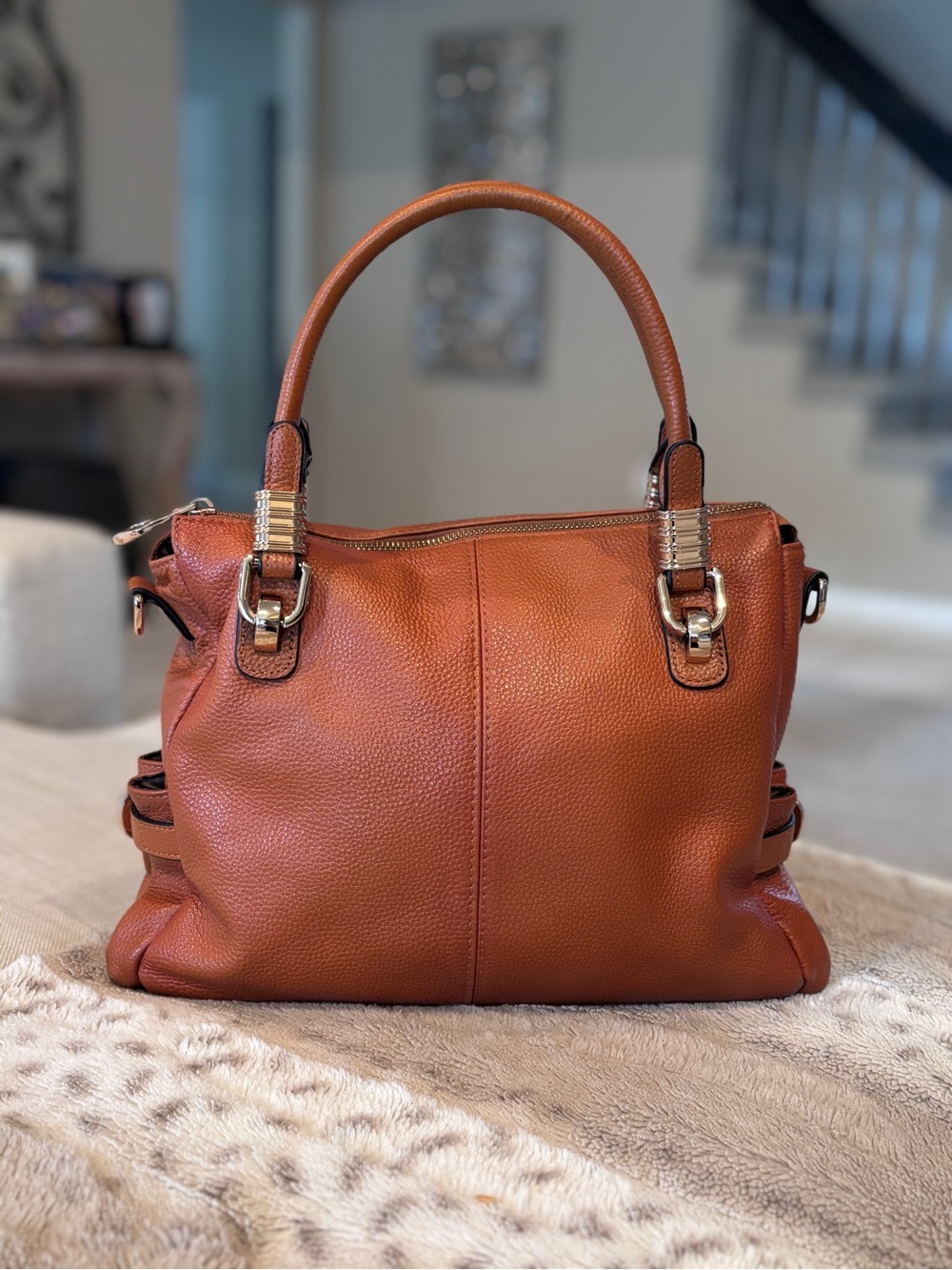 Kattee Women's Genuine Pebbled Cowhide Leather Satchel Shoulder Bag Cognac Brown
